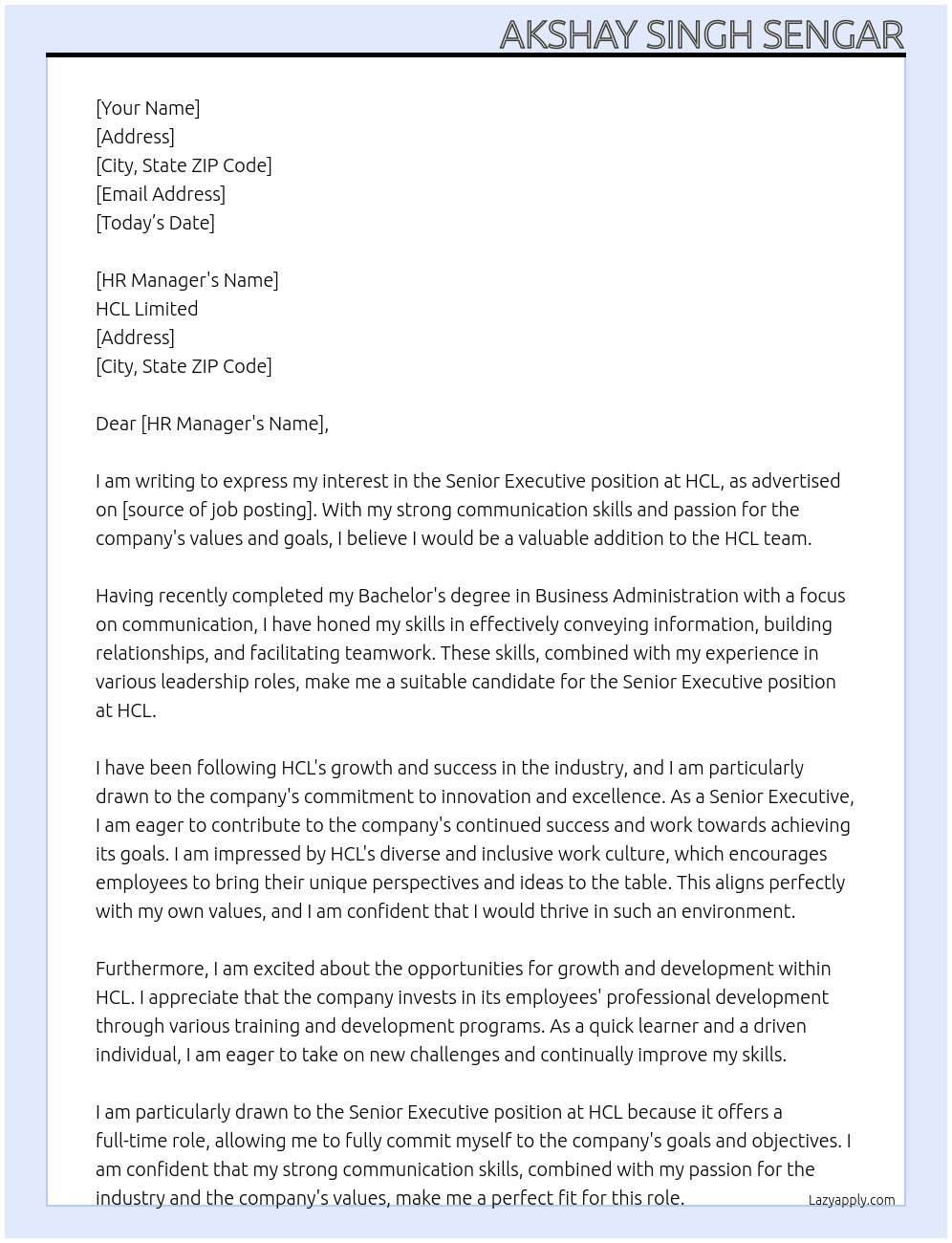 SENIOR EXECUTIVE At HCL Cover Letter