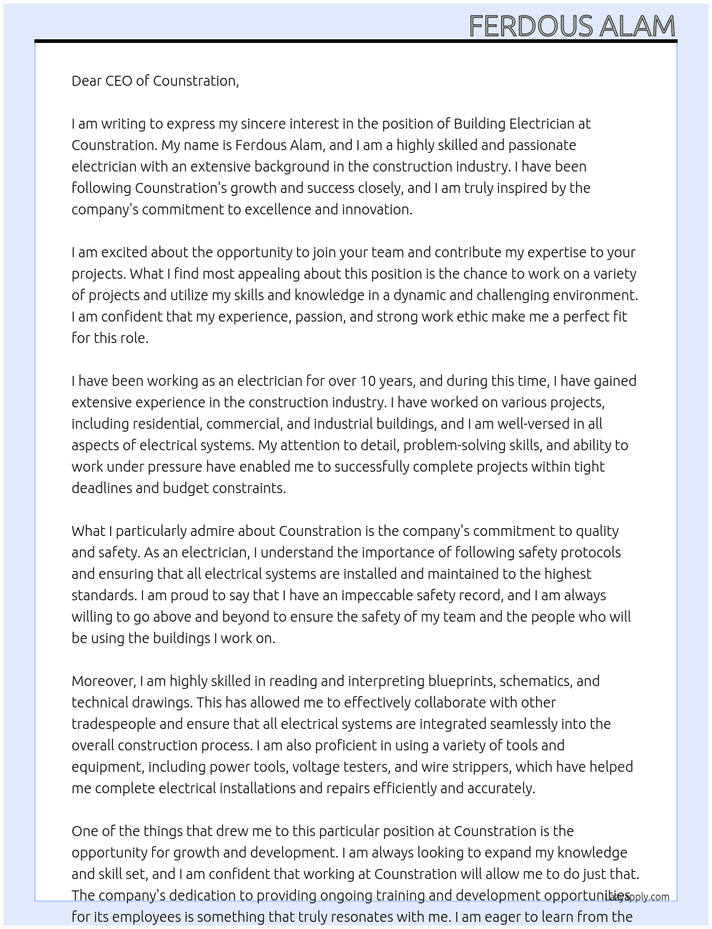 building electrician At counstration  Cover Letter