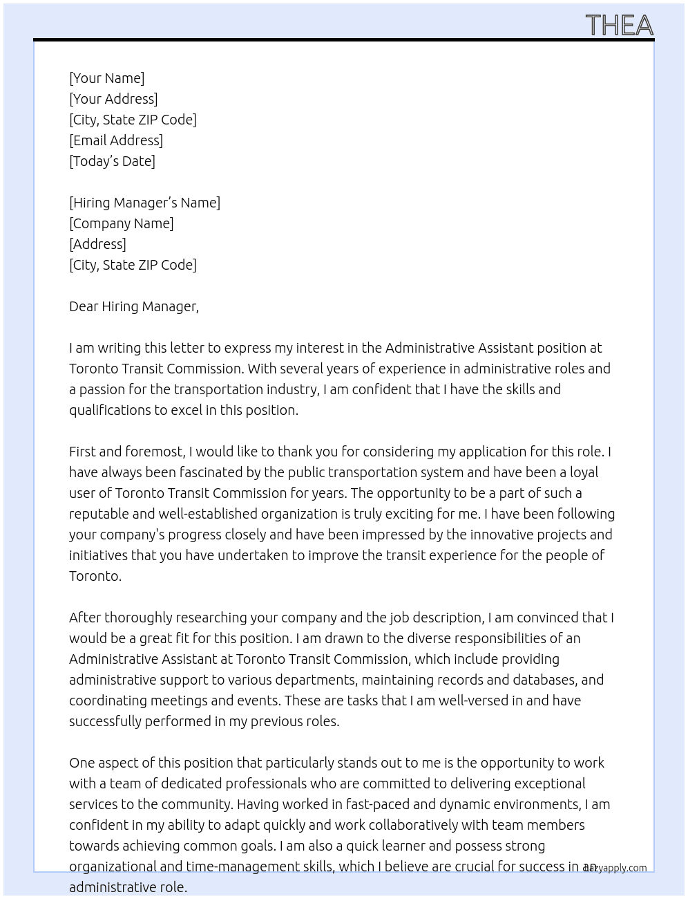 Administrative Assistant At Toronto Transit Commission Cover Letter
