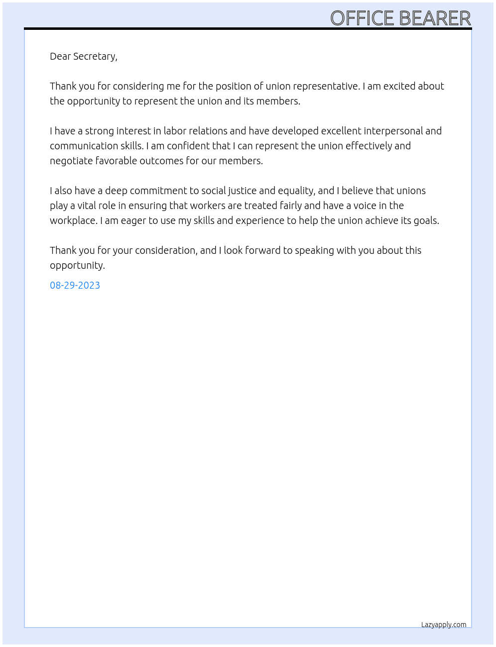Union representative  At Union Cover Letter