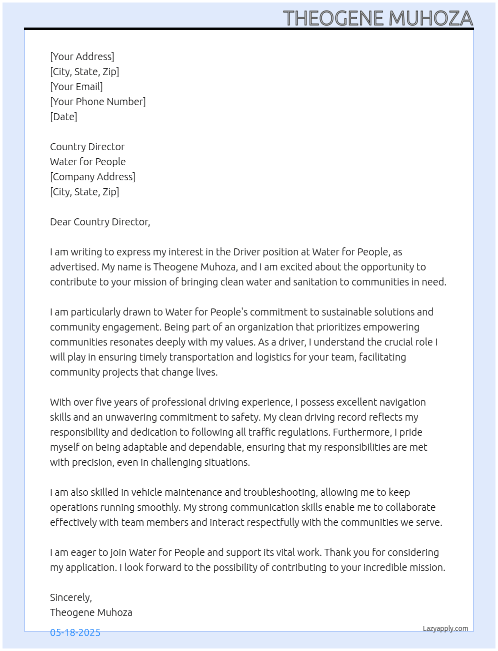 Driver At Water for People Cover Letter