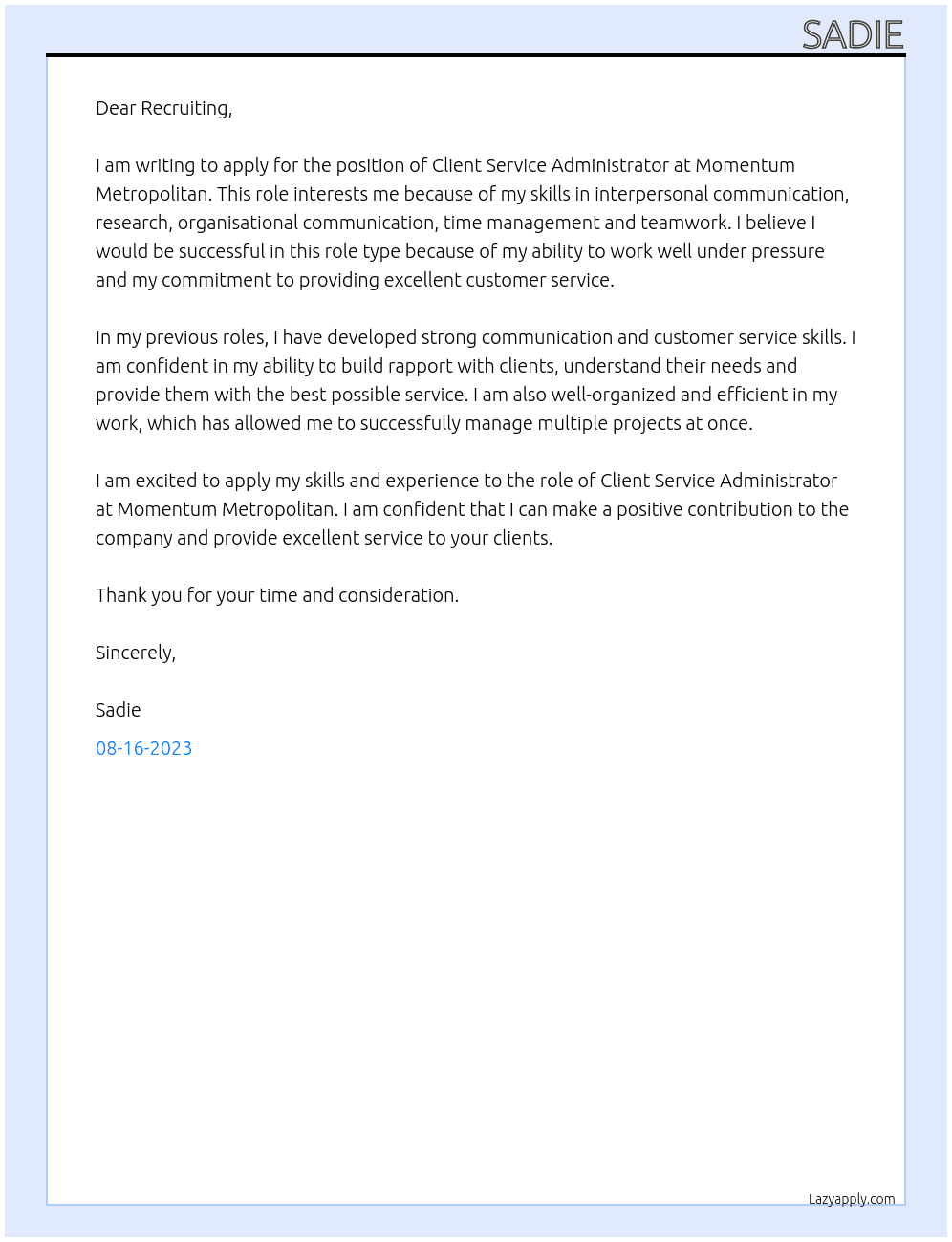 Client Service Administrator At Momentum Metropolitan  Cover Letter