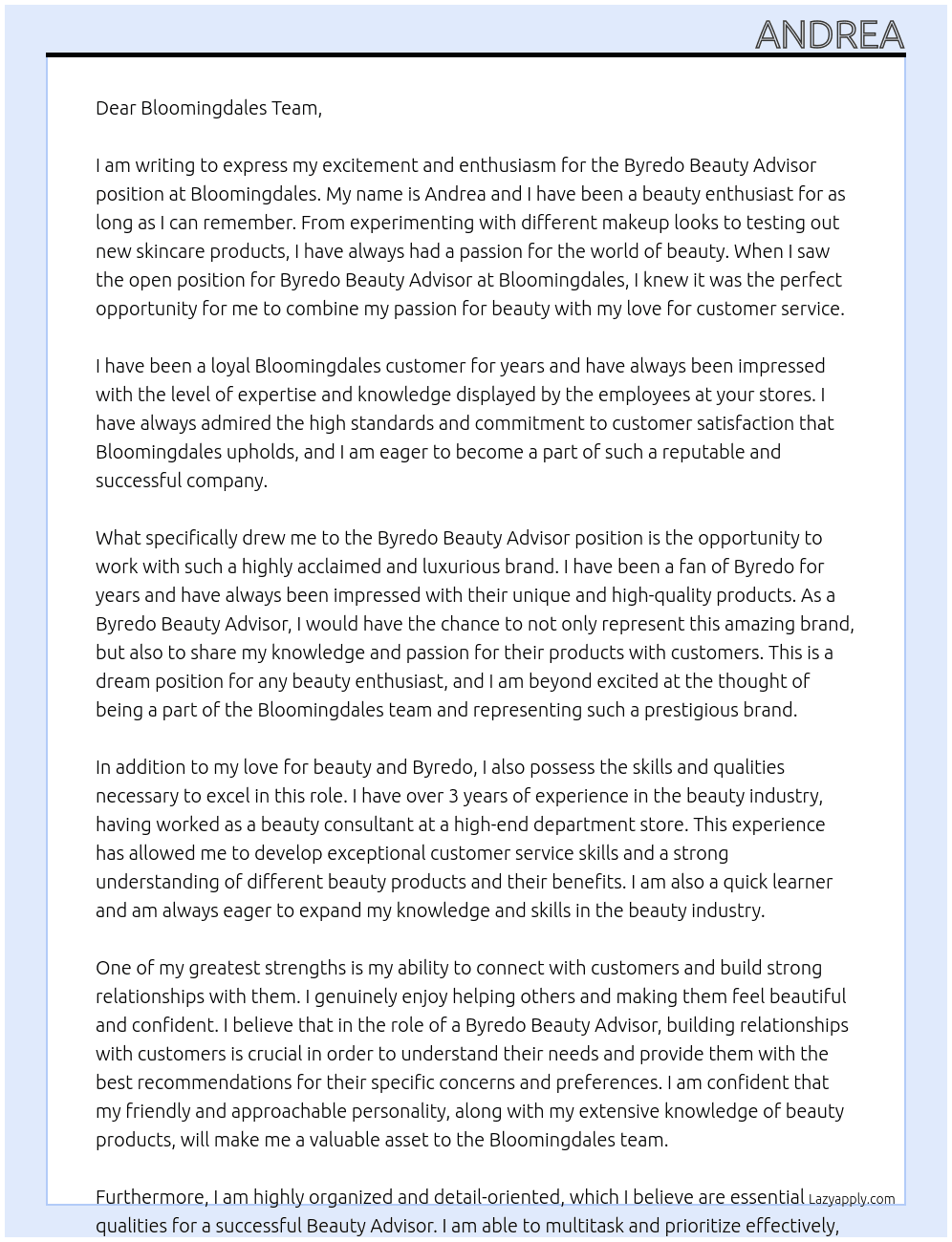 Byredo Beauty Advisor At Bloomingdales Cover Letter