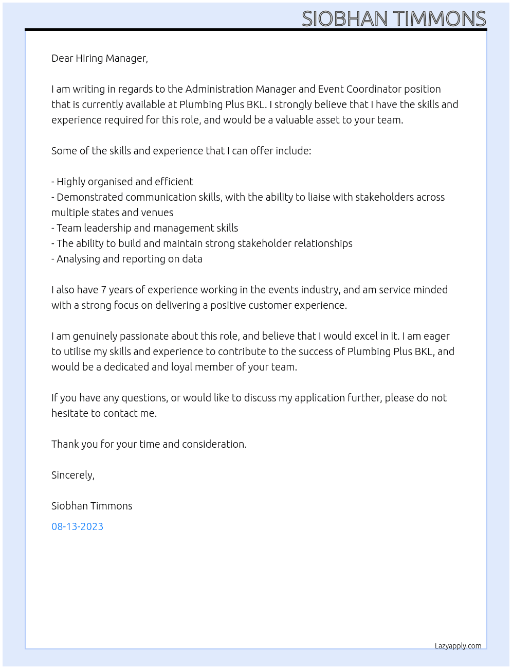 Administration Manager and Event Coordinator At Plumbing Plus BKL Cover Letter
