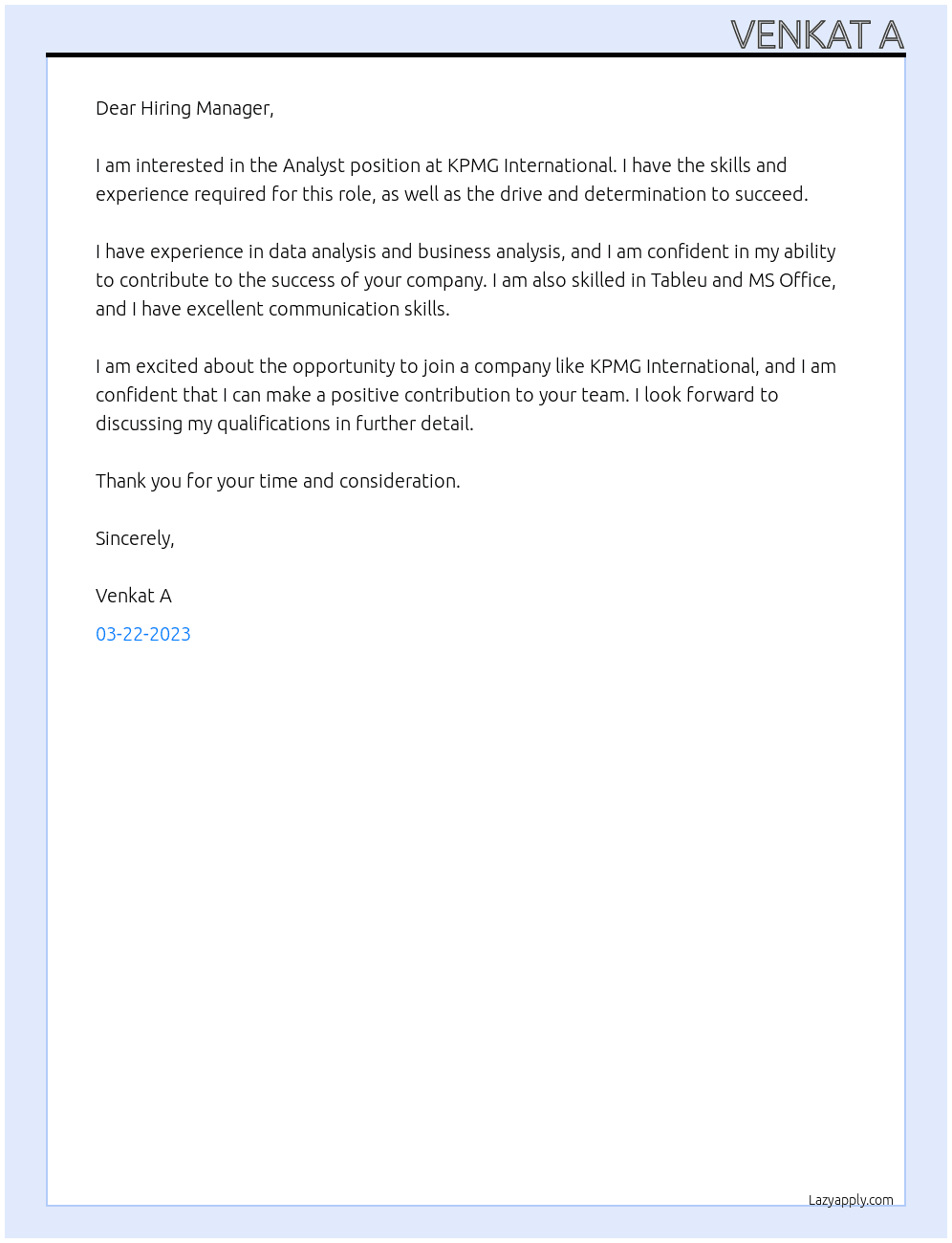 Analyst At KPMG international Cover Letter