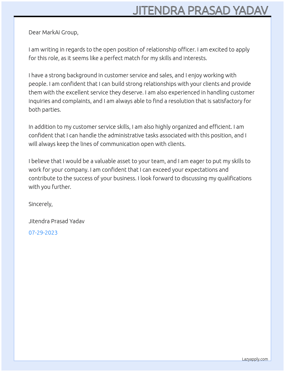 Relationship officer  At MarkAi Group  Cover Letter