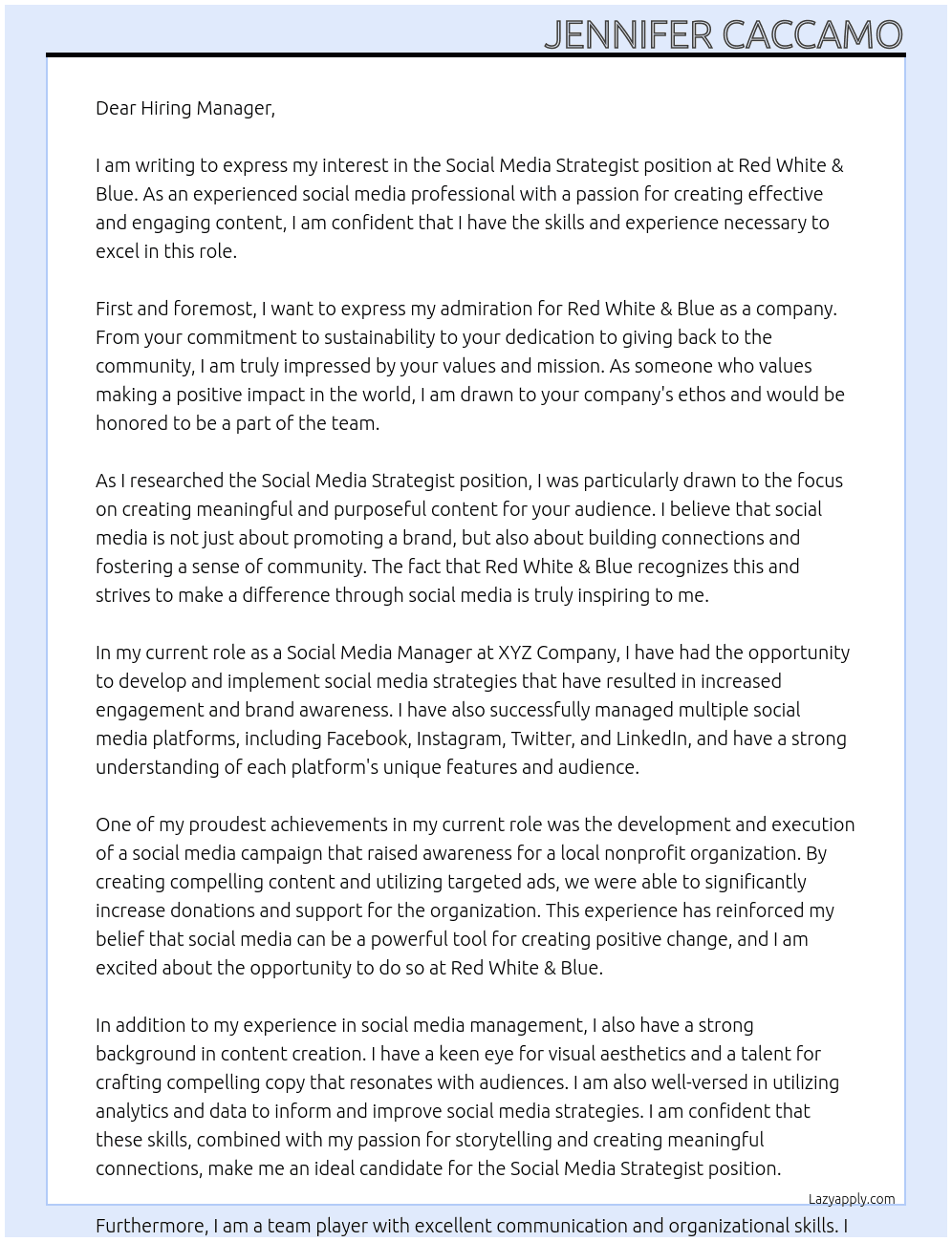 Social Media Strategist At Red White & Blue Cover Letter