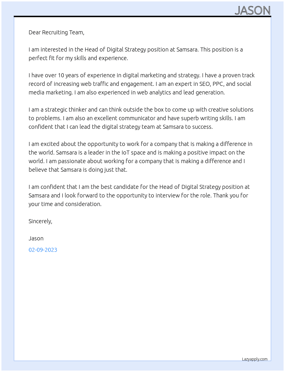 Head of Digital Strategy At Samsara Cover Letter