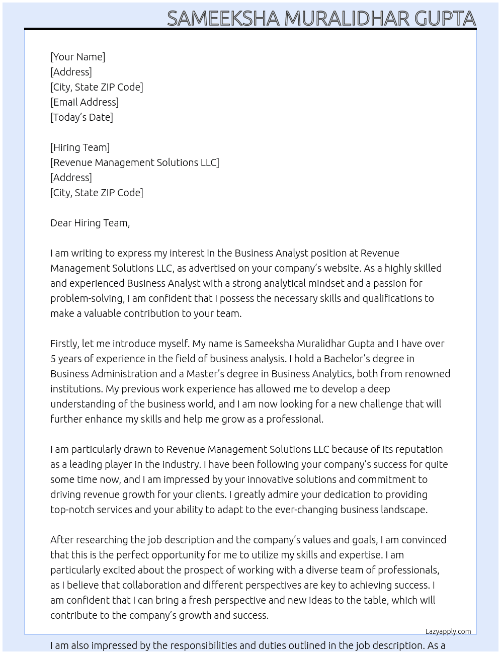 Business Analyst At Revenue Management Solutions LLC Cover Letter