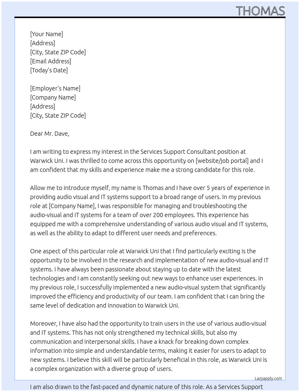 services support consultant At Warwick Uni Cover Letter