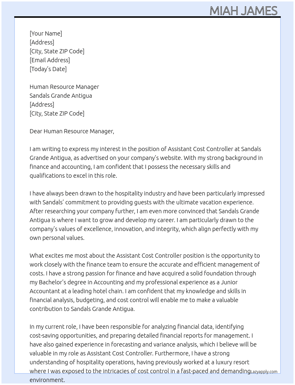 Assistant cost controller  At Sandals Grande Antigua  Cover Letter