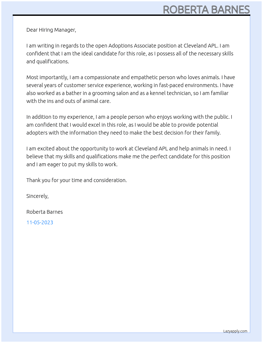 adoptions associate At cleveland apl Cover Letter