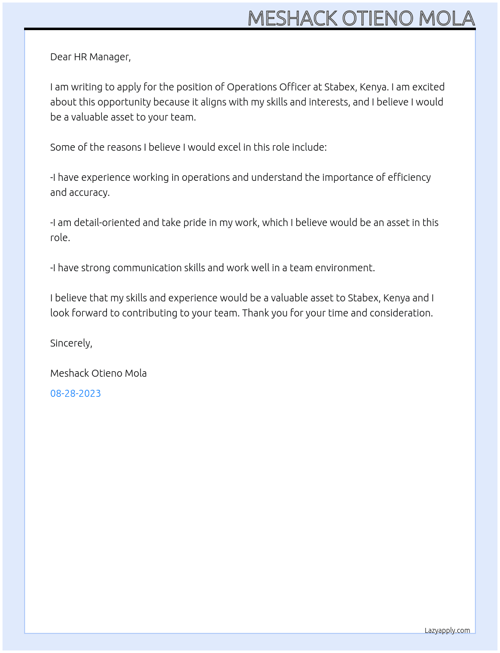 Operations Officer  At Stabex, Kenya Cover Letter