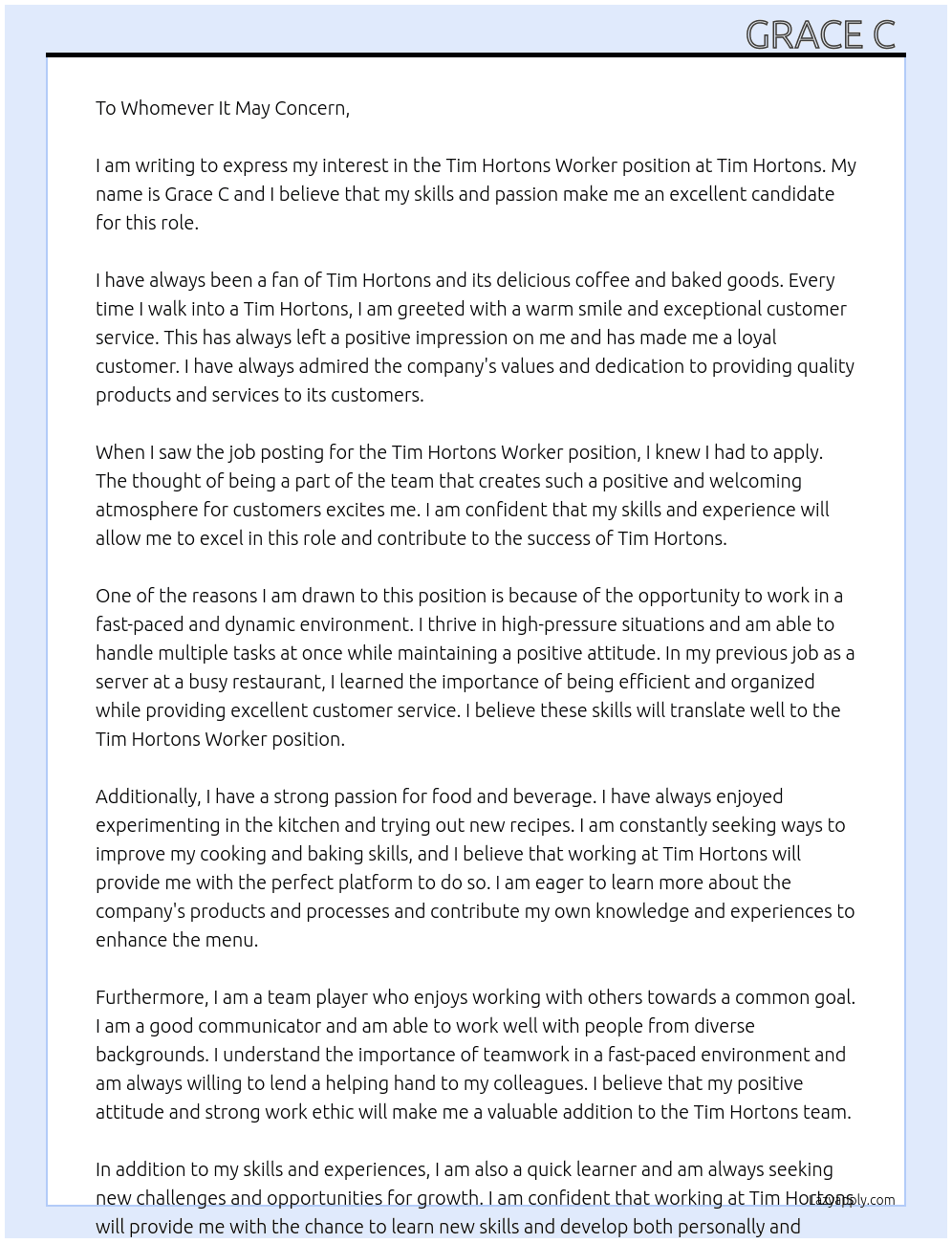 Tim Hortons Worker  At Tim Hortons  Cover Letter