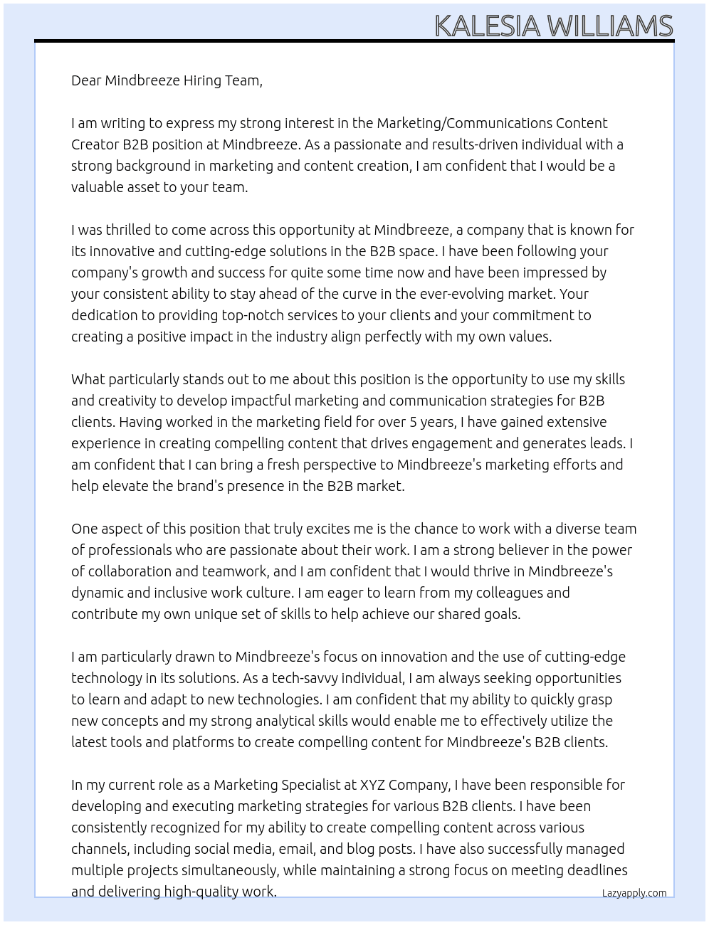 Marketing/Communications Content Creator B2B At mindbreeze Cover Letter