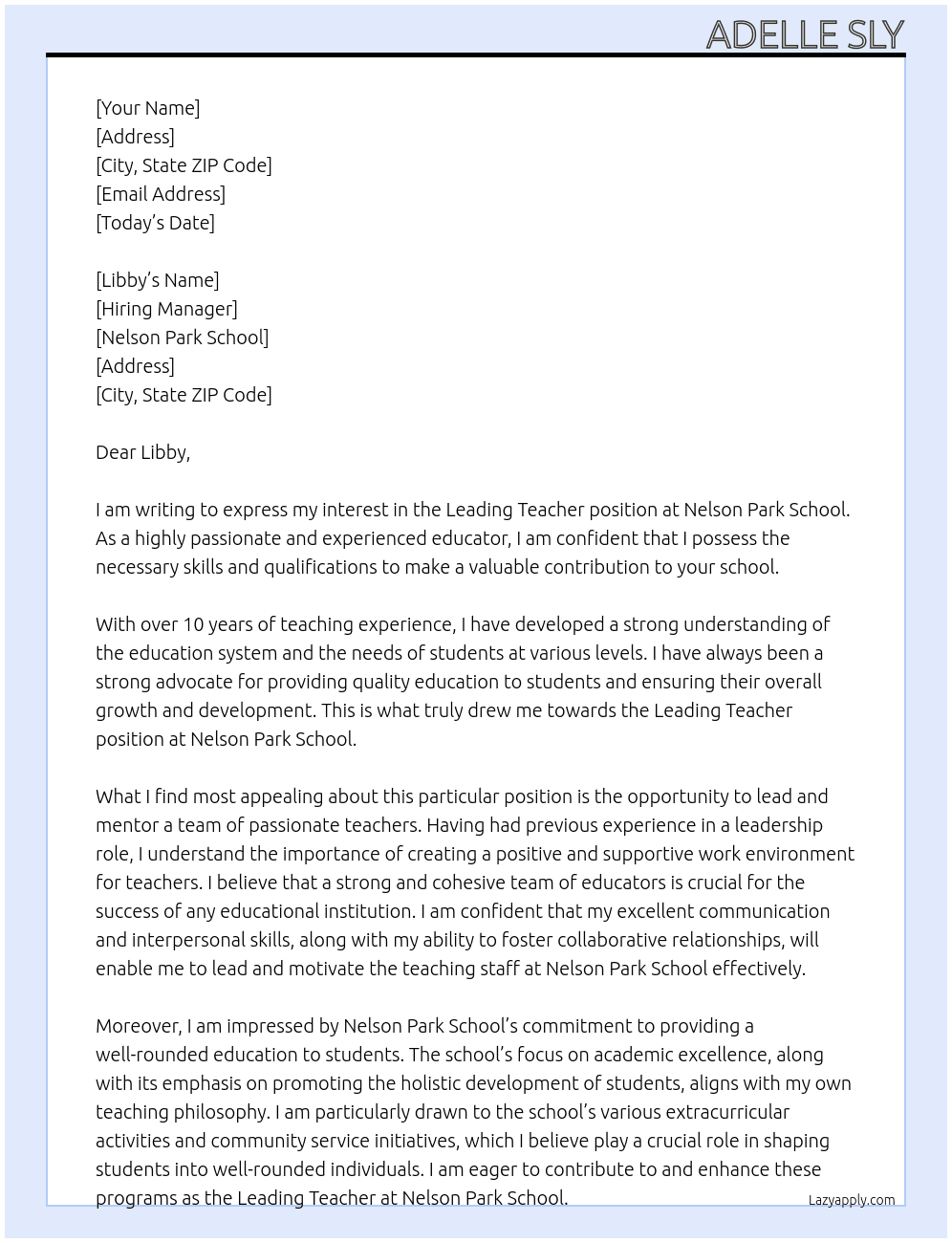 Leading Teacher At Nelson Park School Cover Letter