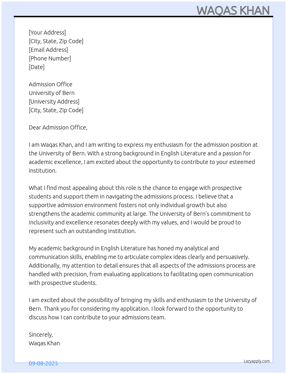 admission At university of Bern Cover Letter