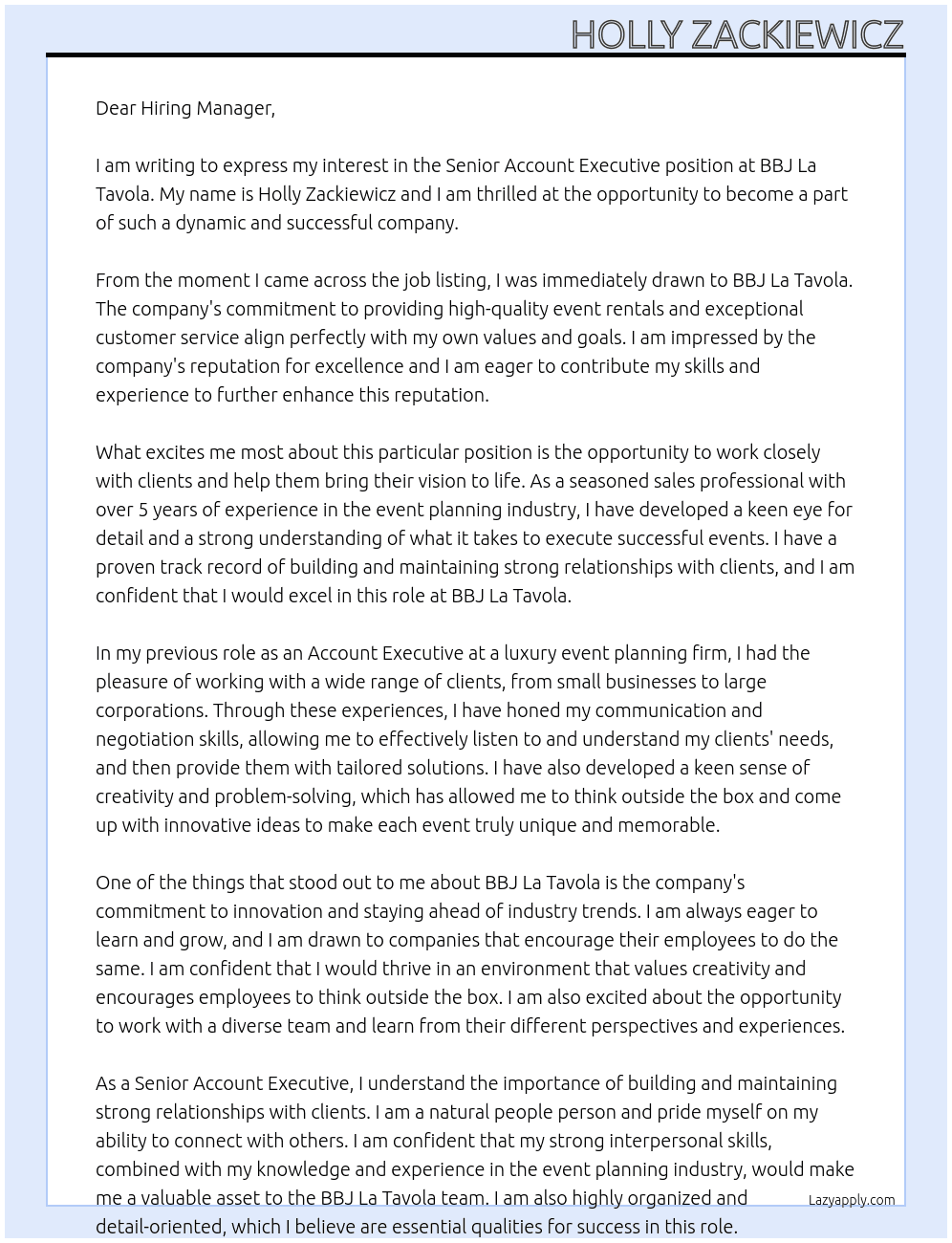 senior account executive At BBJ La Tavola Cover Letter