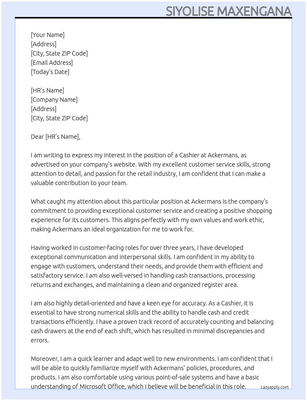 Cashier  At Ackermans Cover Letter