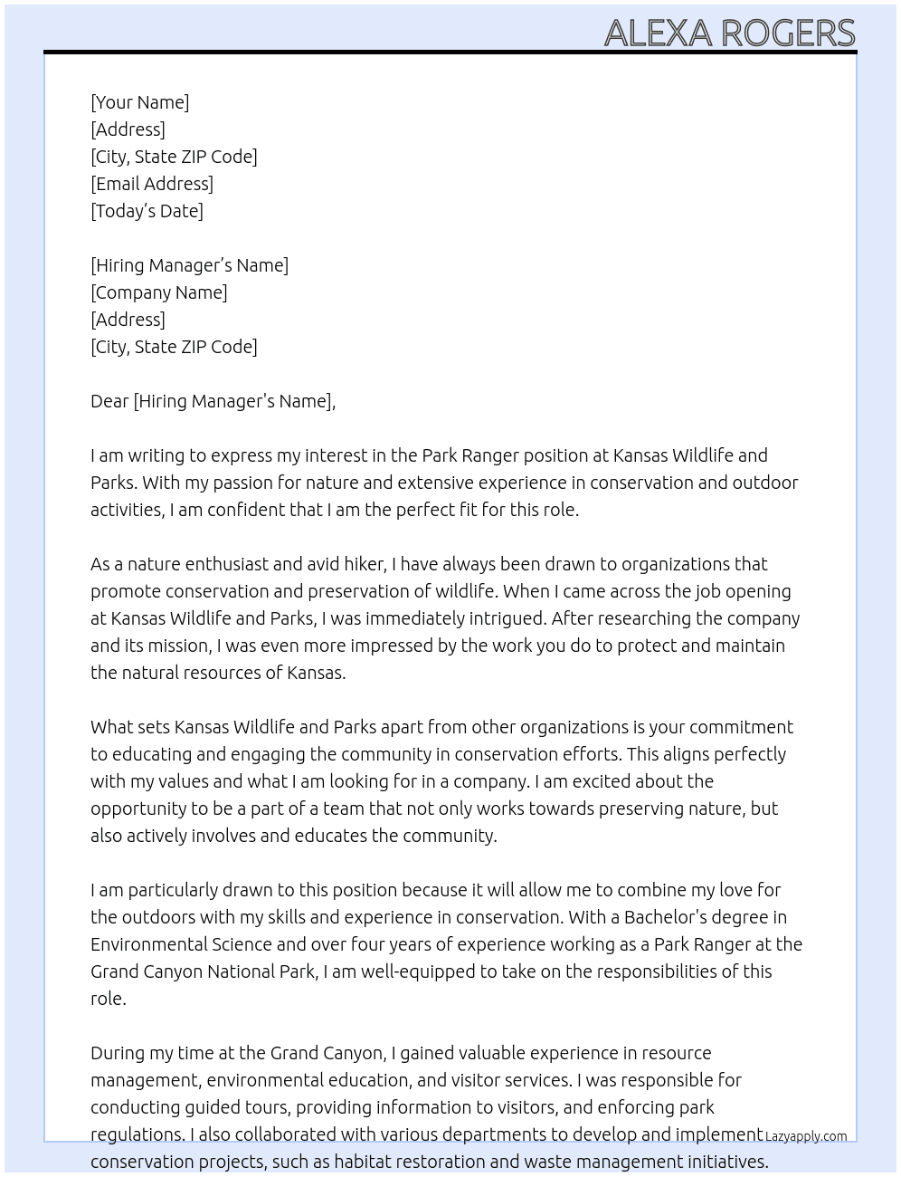 Park Ranger At Kansas Wildlife and Parks Cover Letter