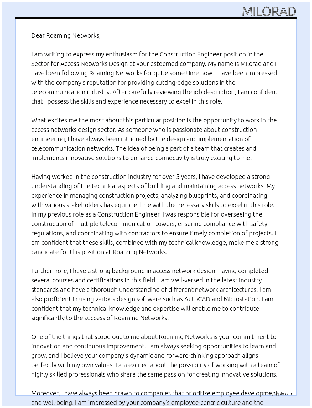 Construction Engineer in the Sector for Access Networks Design At Roaming Networks Cover Letter