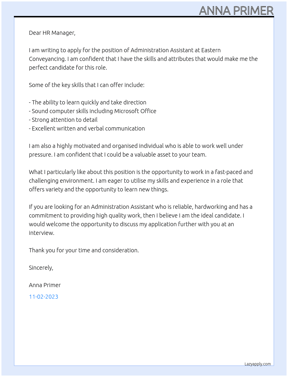 Administration Assistant  At Eastern Conveyancing Cover Letter