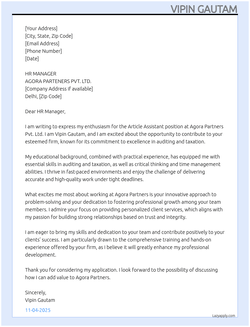 Article assistant At AGORA PARTENERS PVT.LTD. Cover Letter