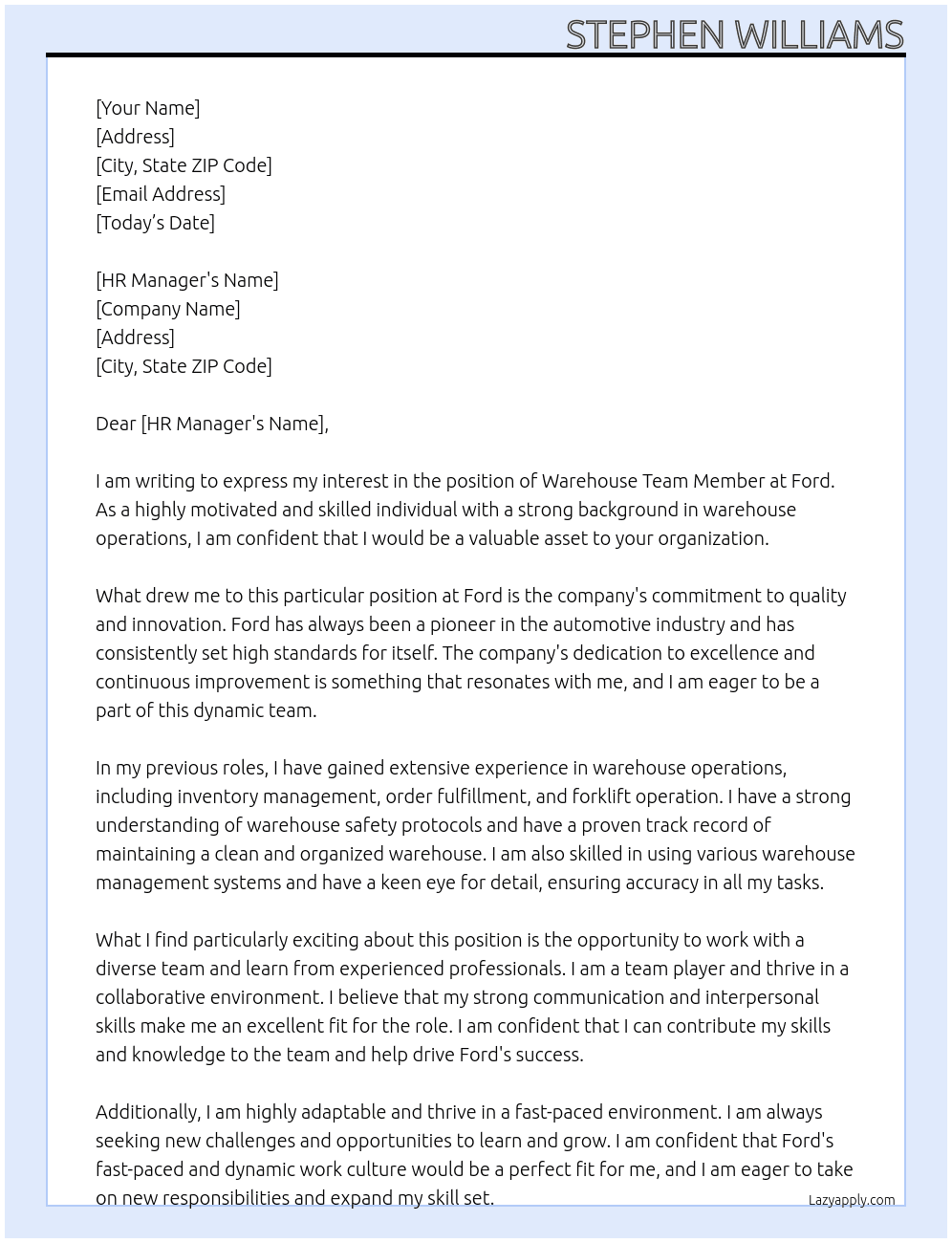 Warehouse Team Member At Ford Cover Letter