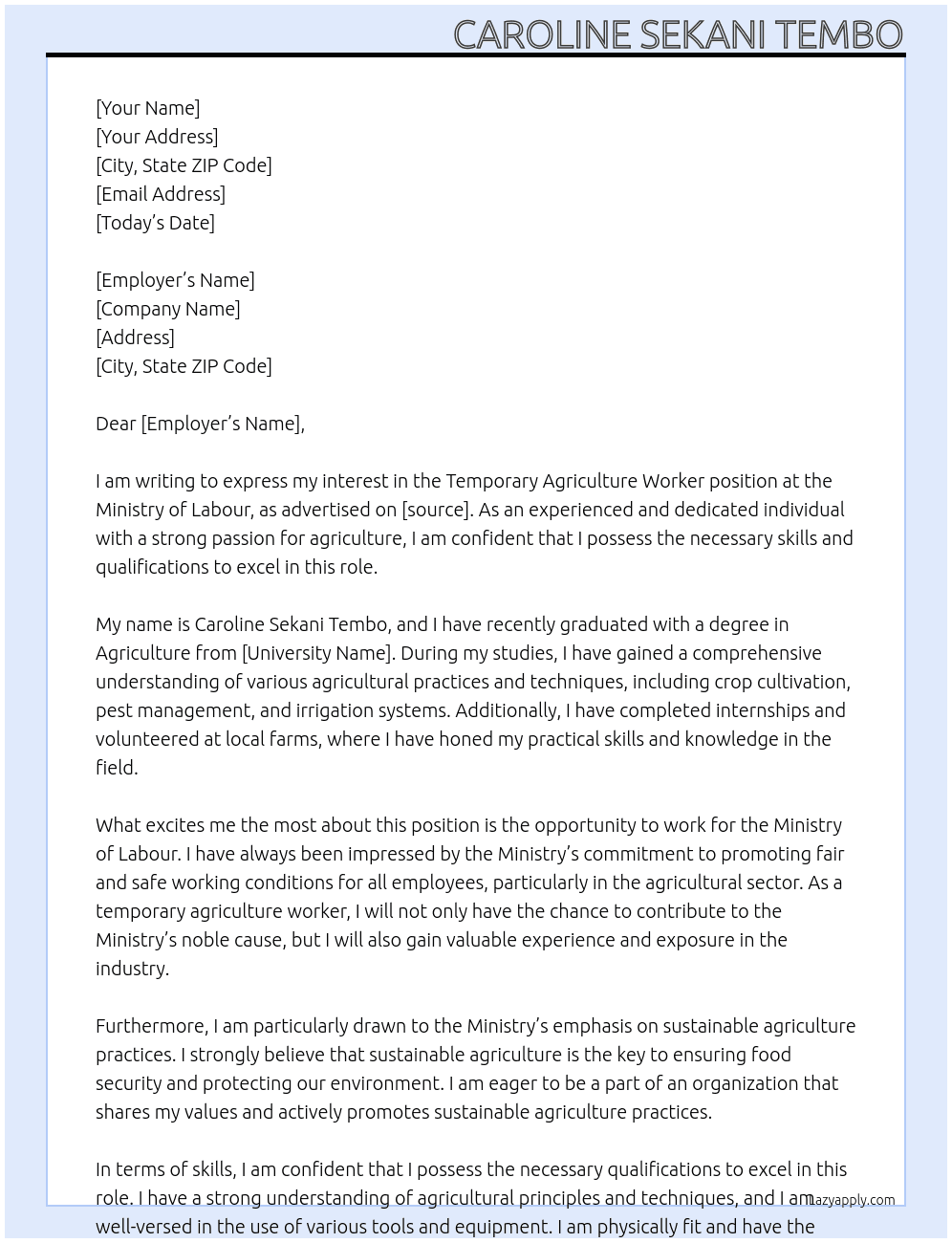 Temporary Agriculture Worker  At Ministry of Labour Cover Letter