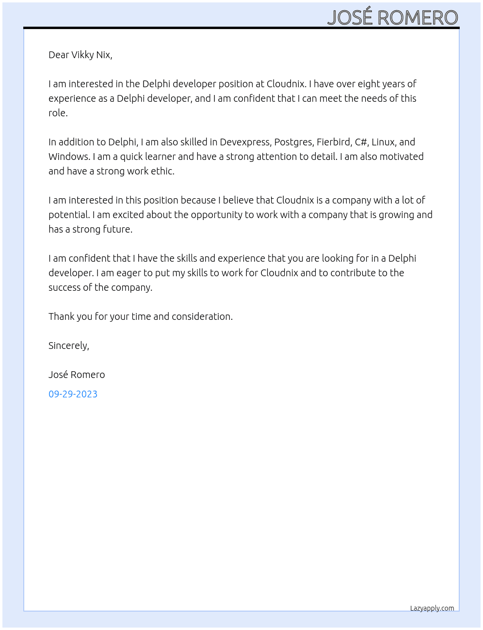 Delphi developer At Cloudnix Cover Letter