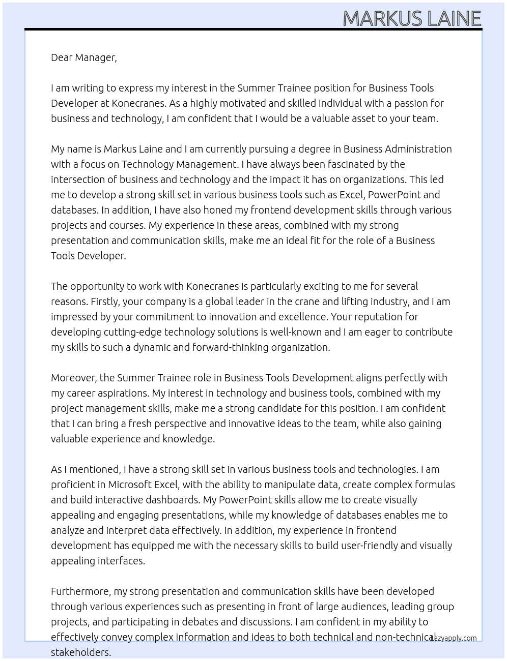 Summer Trainee, Business tools developer At Konecranes Cover Letter