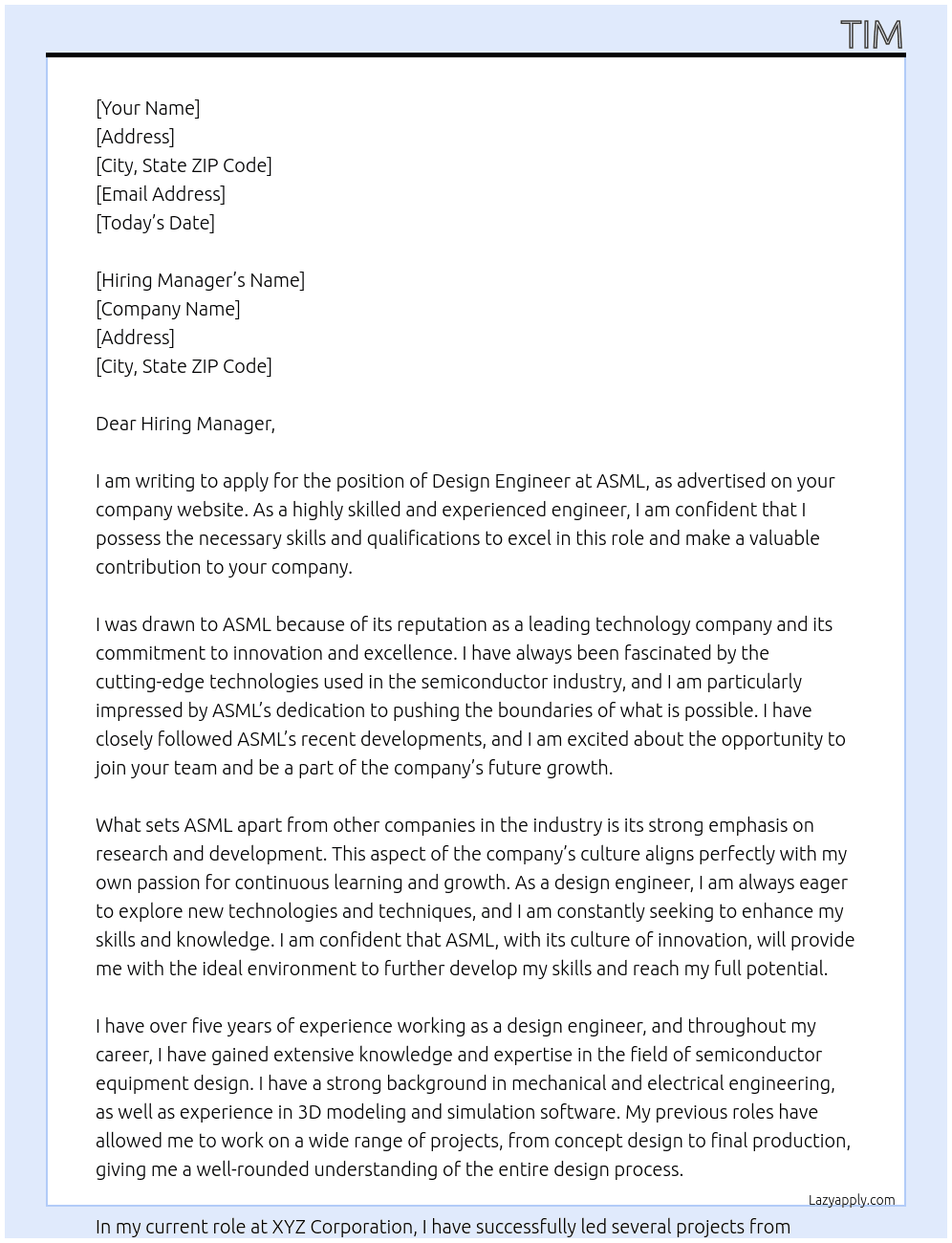Design Engineer At ASML Cover Letter
