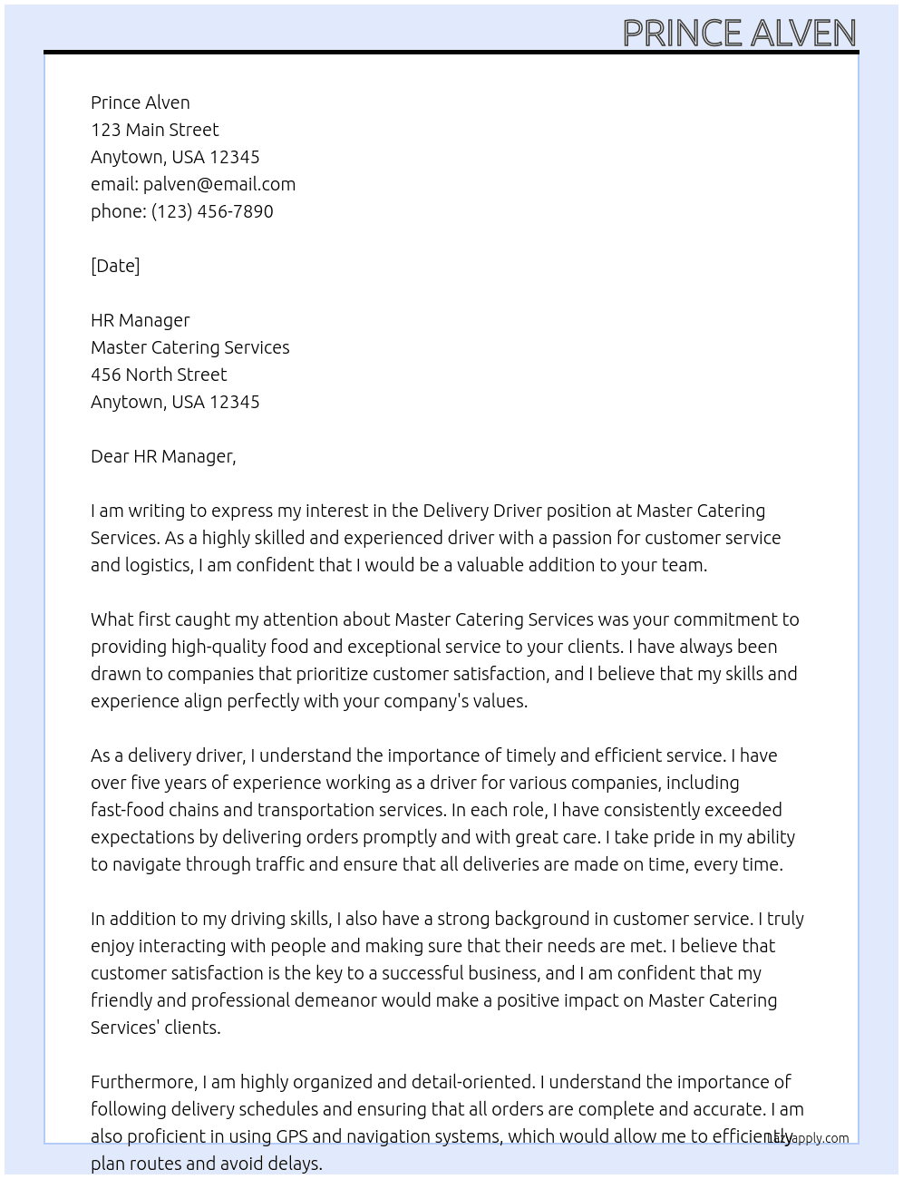 Delivery Driver At Master Catering Services Cover Letter