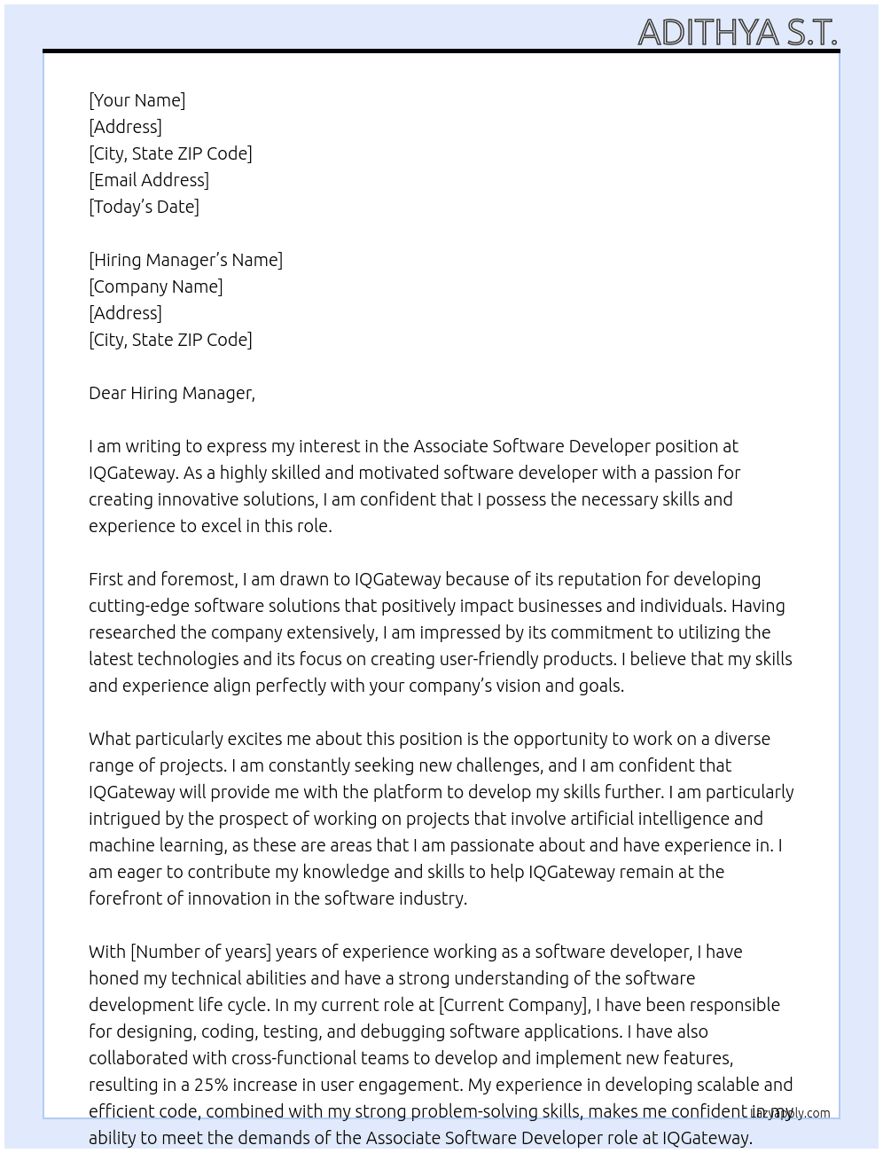 Associate Software Developer At IQGateway Cover Letter