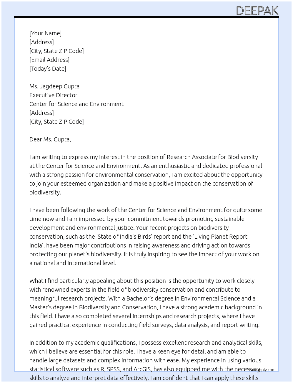 Research Associate Biodiversity At Center for Science and Environment Cover Letter