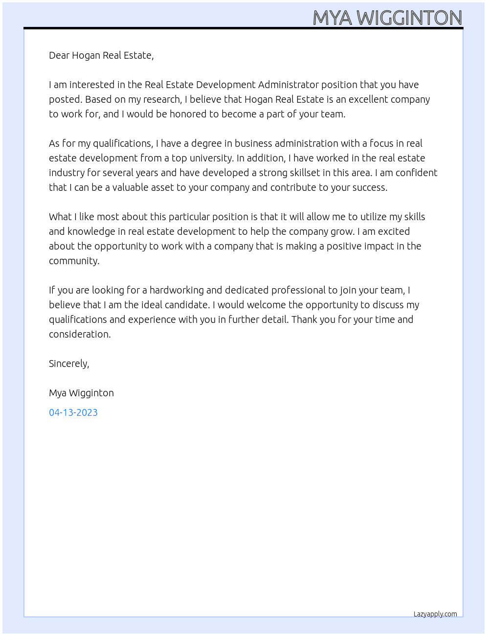 Real Estate Development Administrator At Hogan Real Estate Cover Letter
