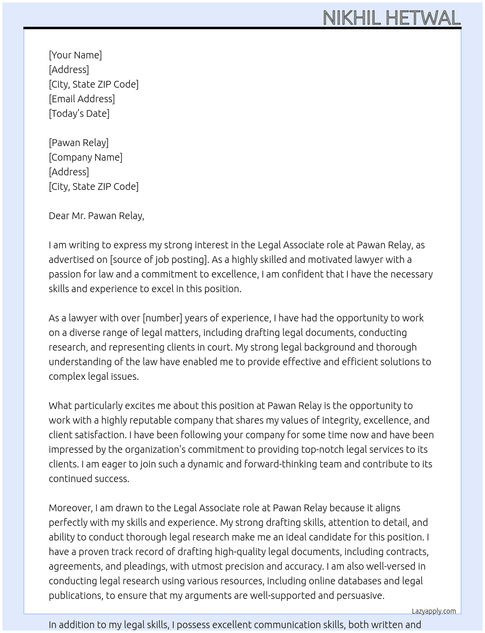 lawyer At Pawan Relay Cover Letter
