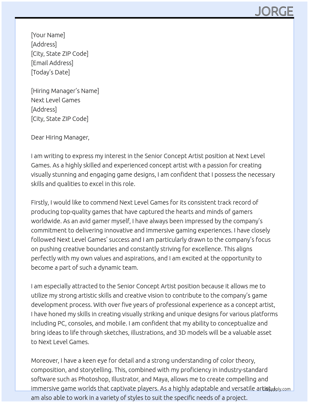 Senior concept artist At next level games Cover Letter