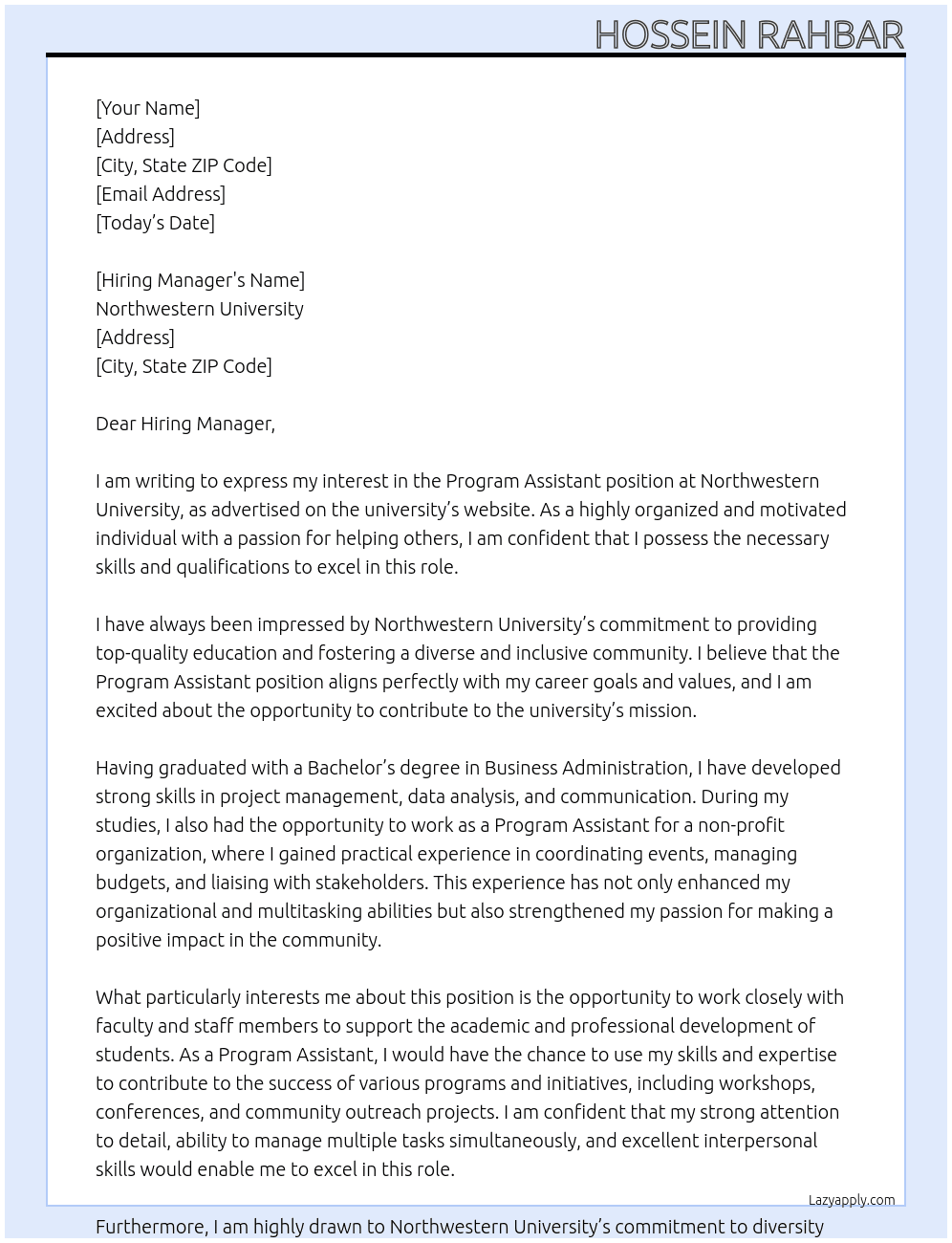 Program Assistant At Northwester University Cover Letter