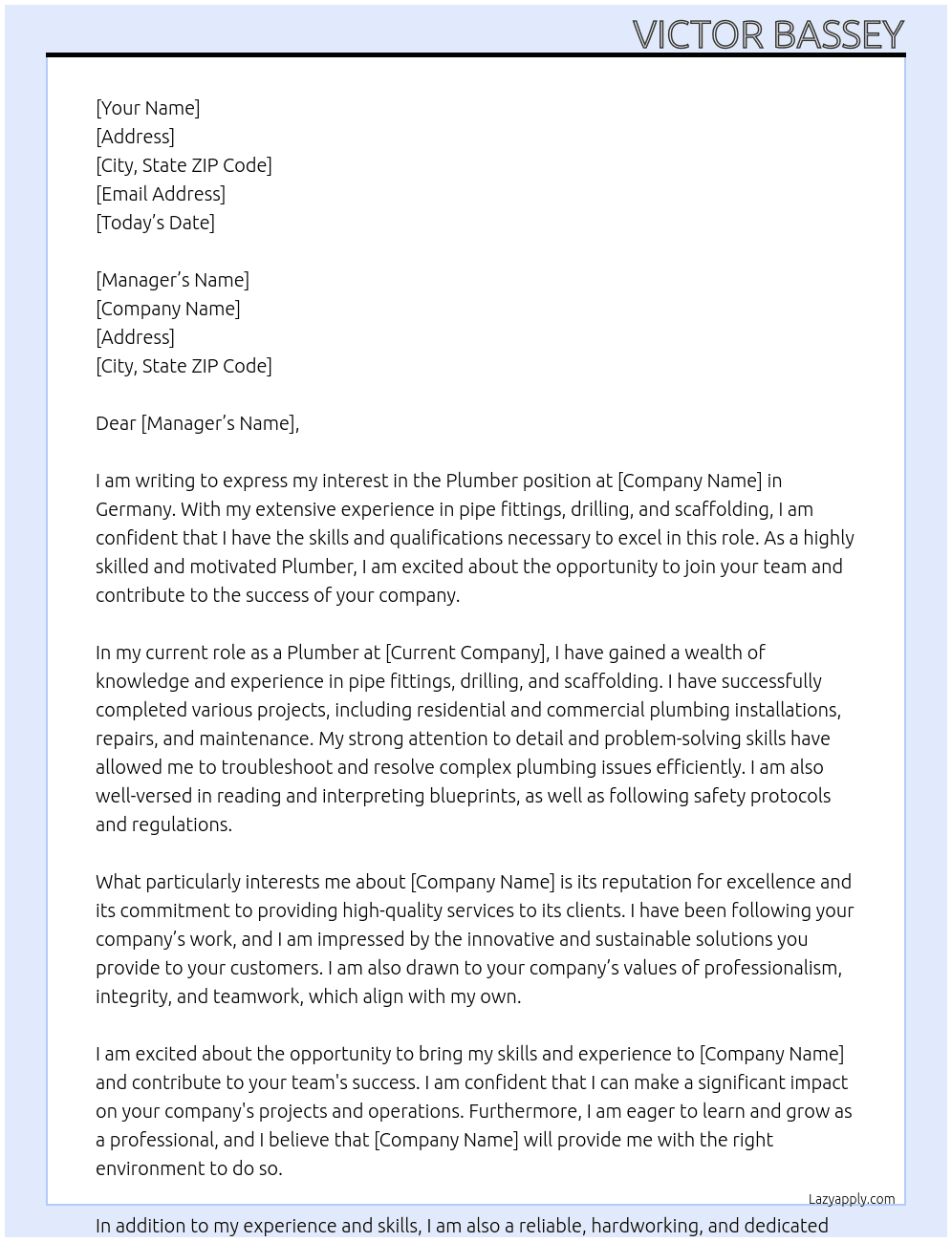 Plumber At Germany Cover Letter