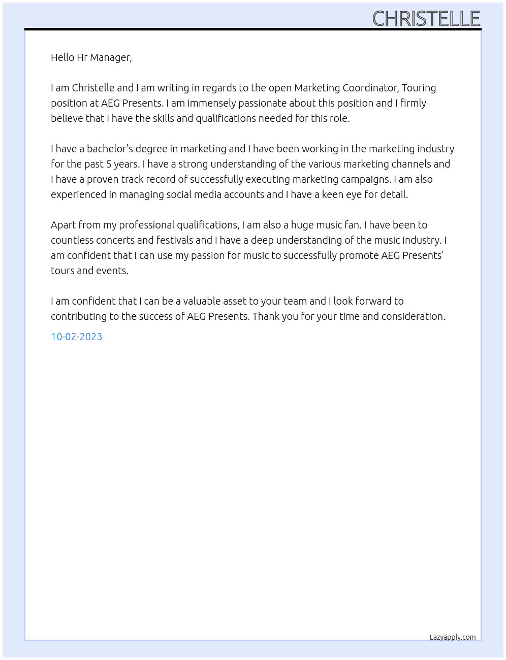 MARKETING COORDINATOR, TOURING  At AEG Presents  Cover Letter