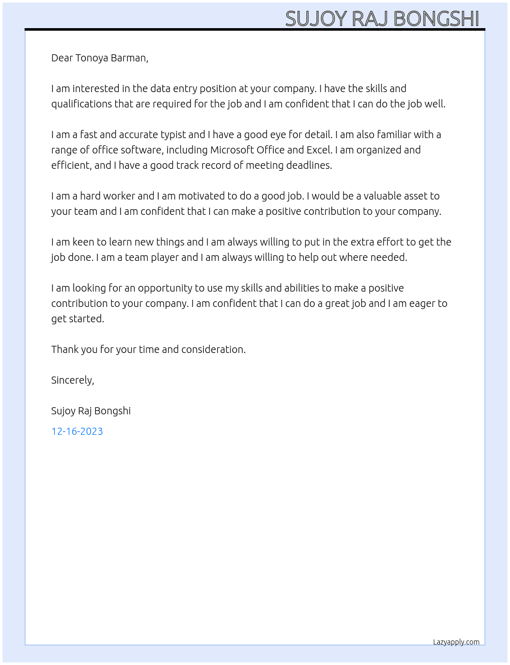 data entry At tonoya barman Cover Letter
