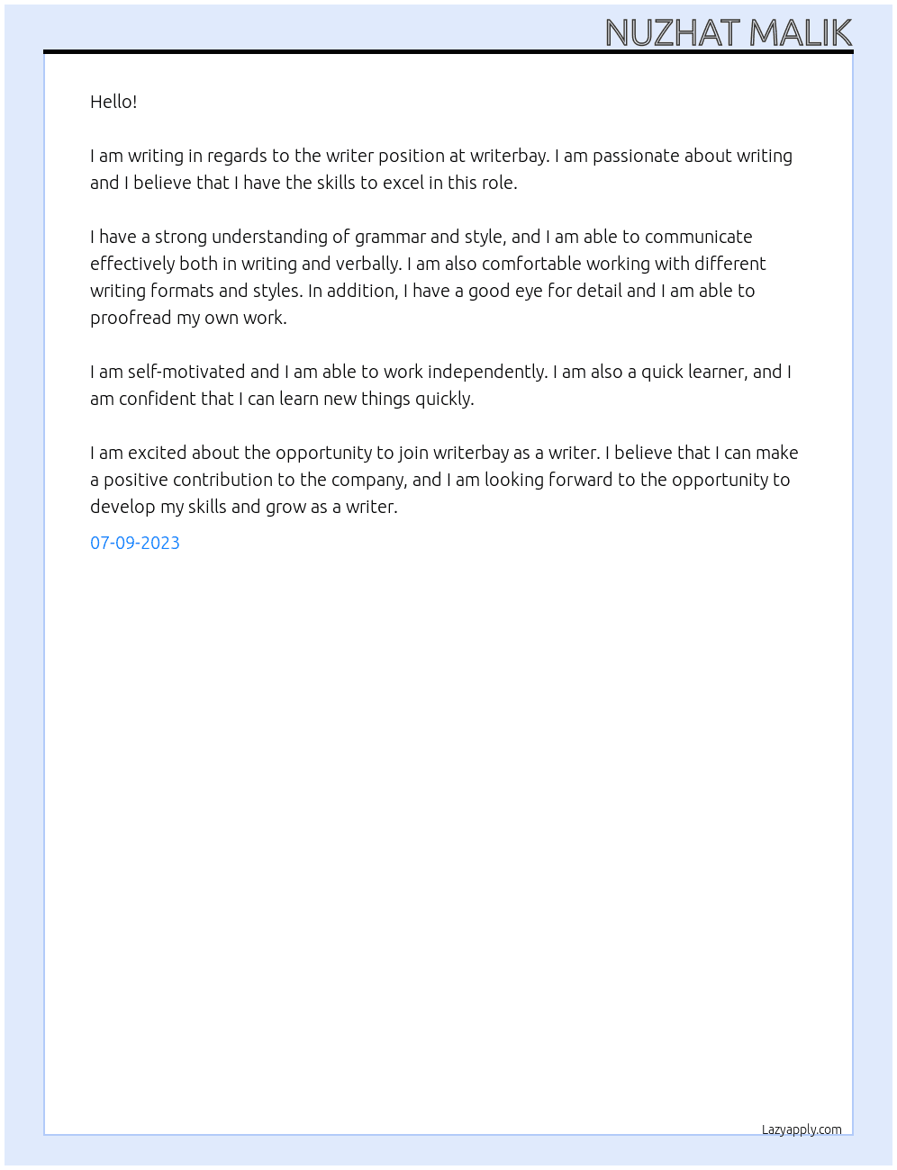 writer At writerbay Cover Letter