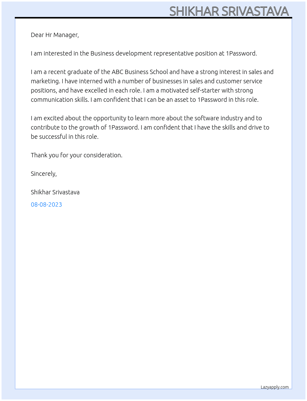 Business development representative  At 1Password Cover Letter