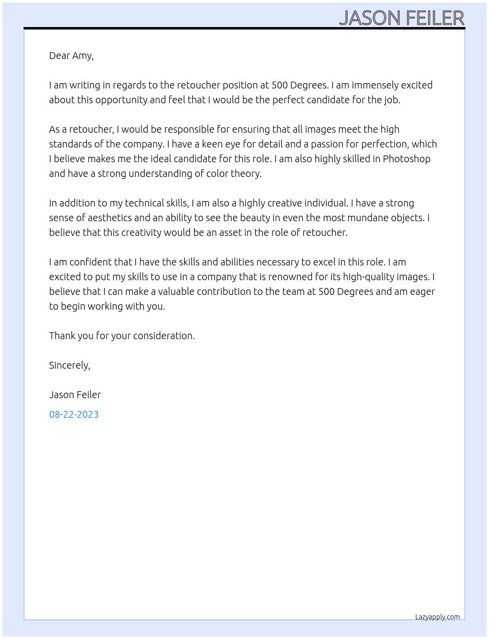 Retoucher At 500 Degrees Cover Letter
