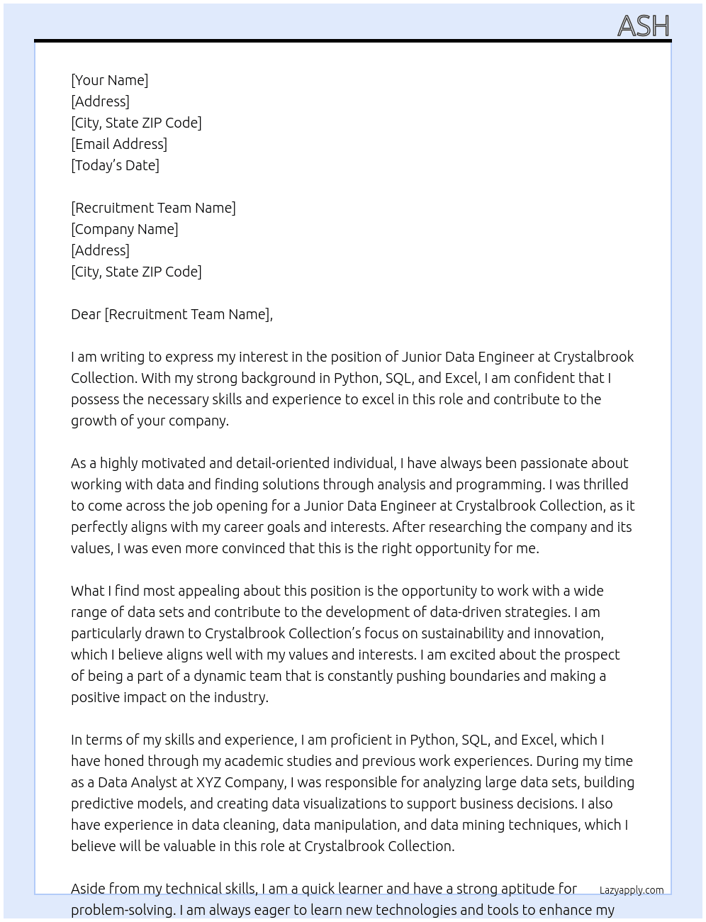 Junior data engineer At Crystalbrook Collection Cover Letter