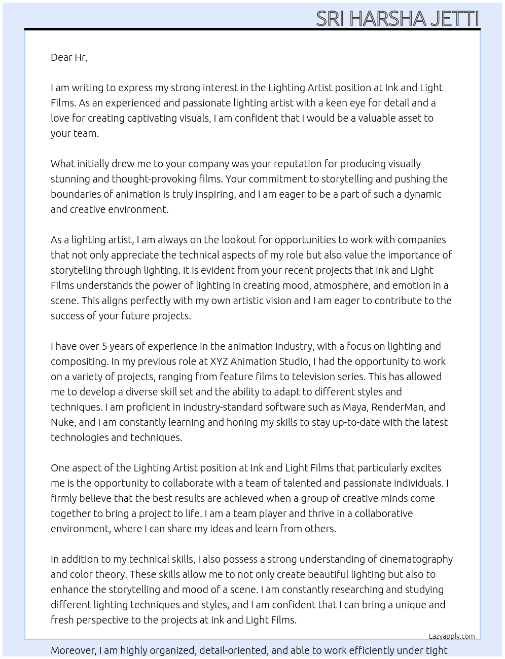 Lighting Artist At Ink and Light Films Cover Letter