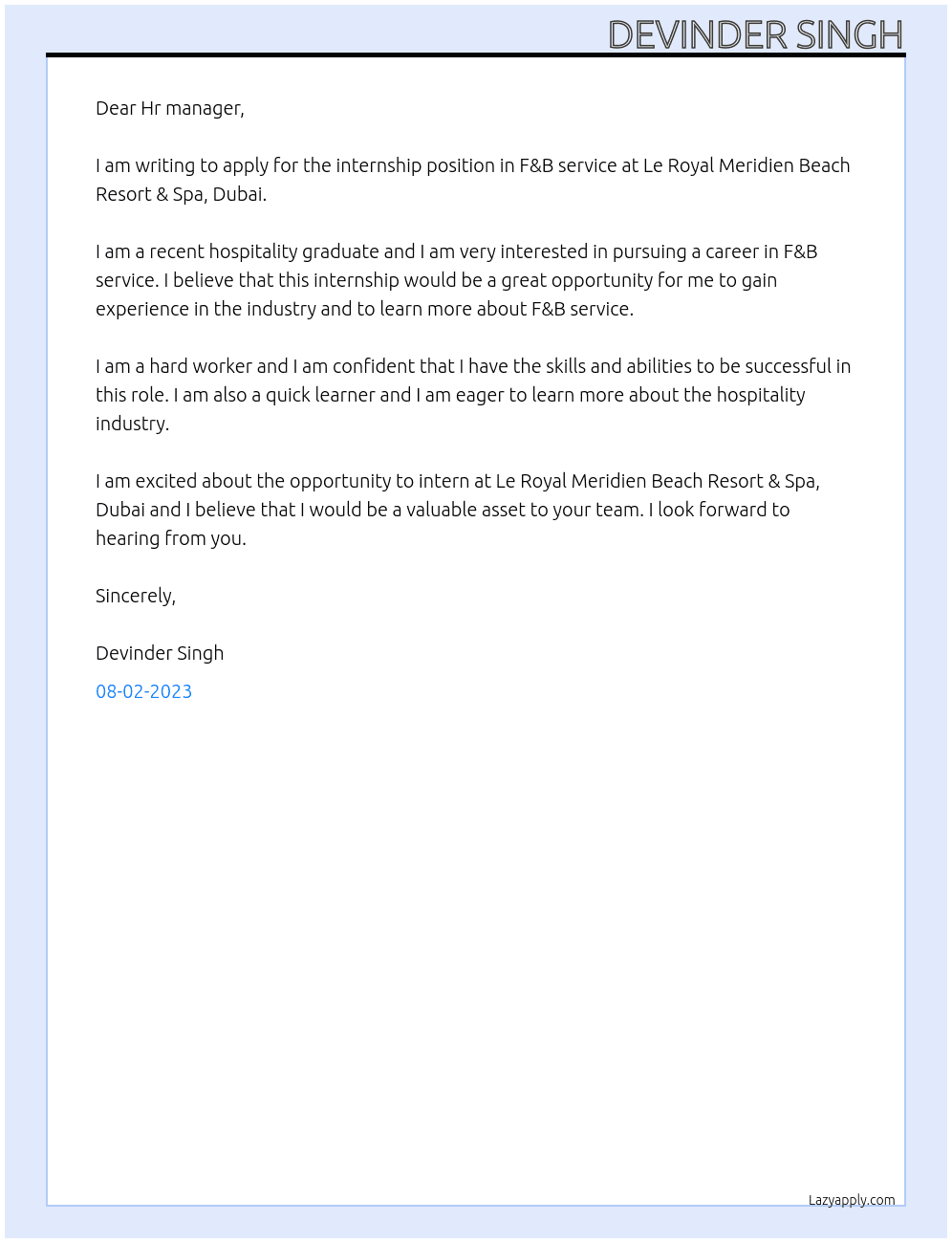 INTERNSHIP IN F&B SERVICE  At Le Royal Meridien Beach Resort & Spa, dubai Cover Letter