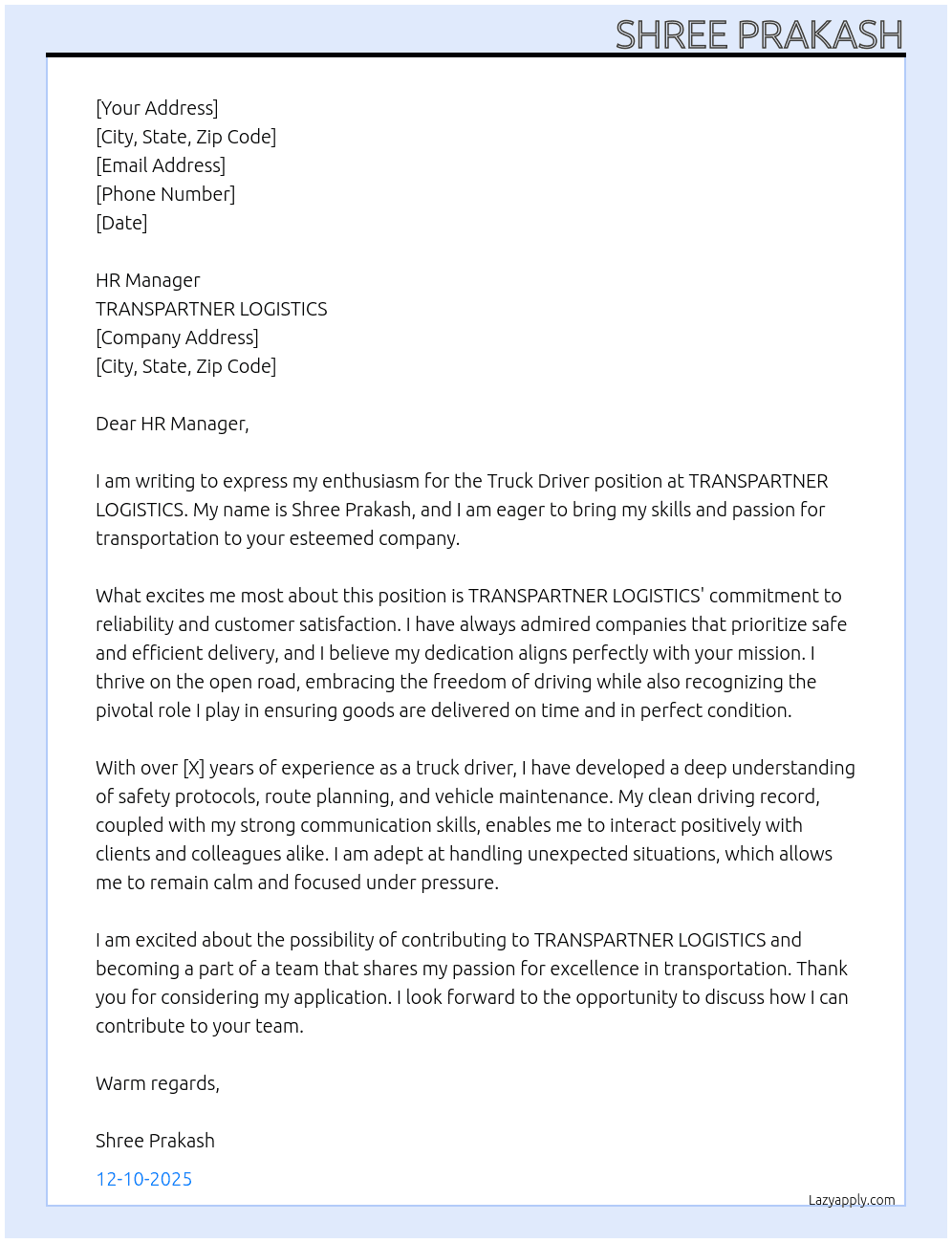 truck driver At TRANSPARTNER LOGISTI CS Cover Letter