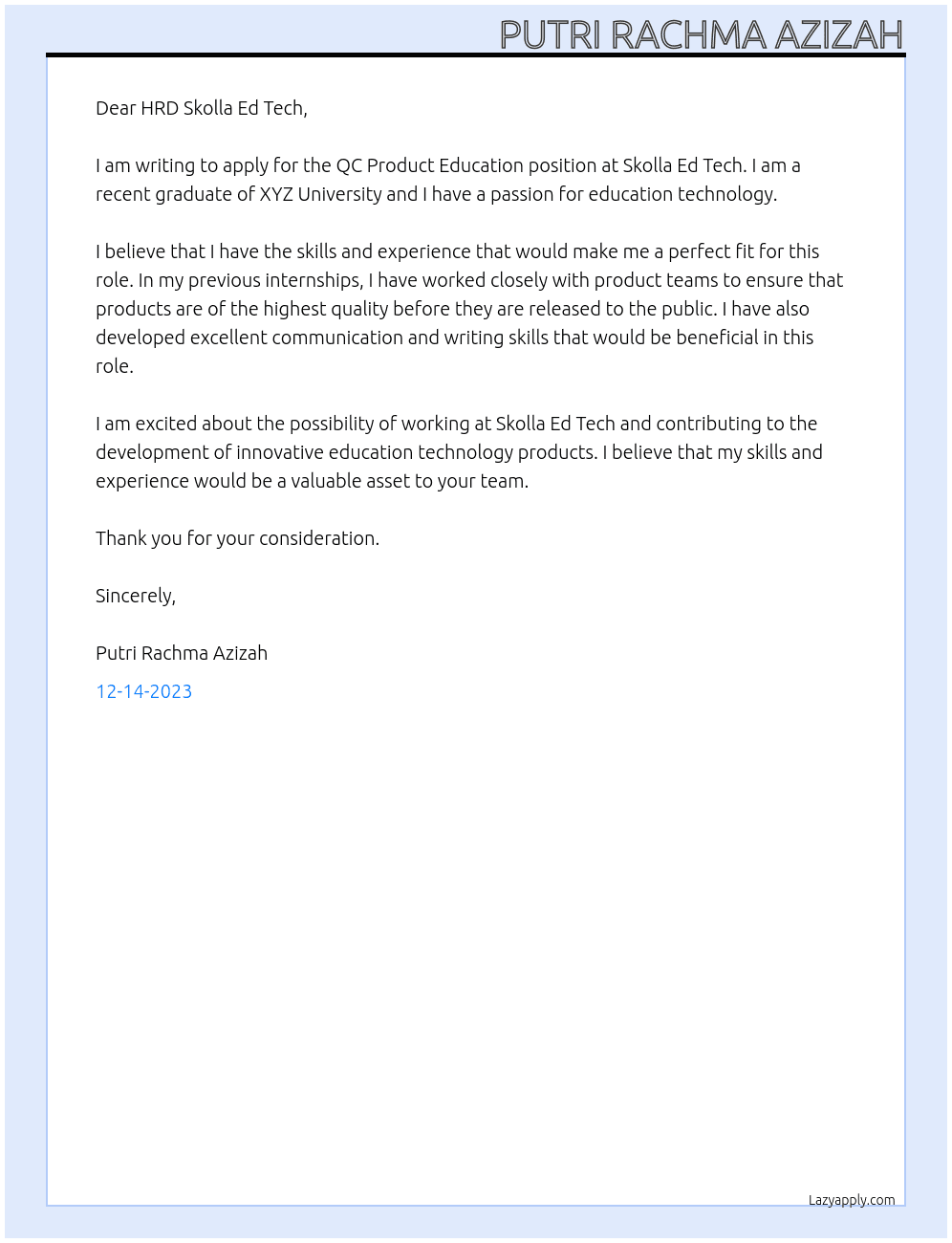QC Product Education At Skolla Ed Tech Cover Letter